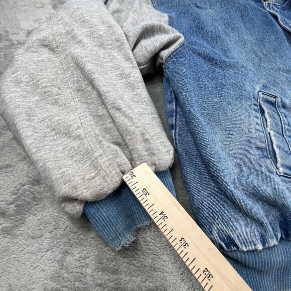 Basic Bomber Jean Trucker Jacket Men's XL Blue Denim Hooded Snap Button RN 90163 - Picture 12 of 16